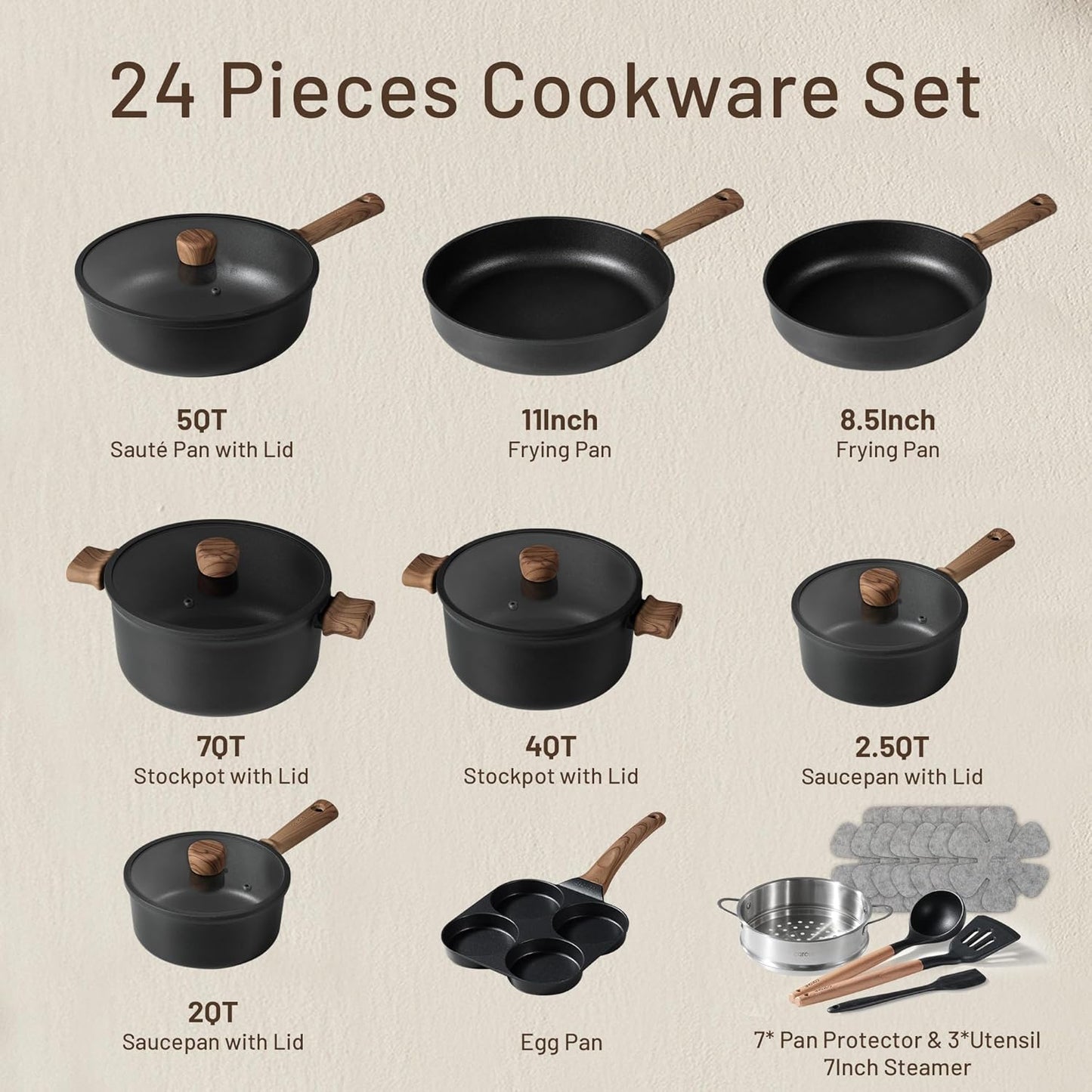CAROTE Nonstick Kitchen Cookware Sets, Non stick Pots and Pans set, Induction Cookware Set 17pcs Black