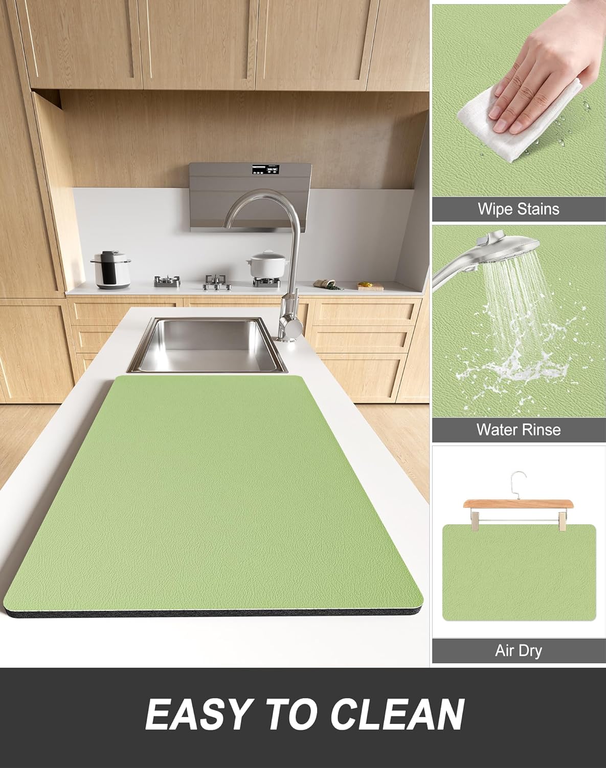 Rnivvi Dish Drying Mat for Kitchen Counter, XL 15 x 24" Super Absorbent Drainer Pad Easy Clean Dish Rack Pad, Non-Slip Heat Resistant Coffee Bar Mat for Coffee Machine Station Accessories Decor, Green