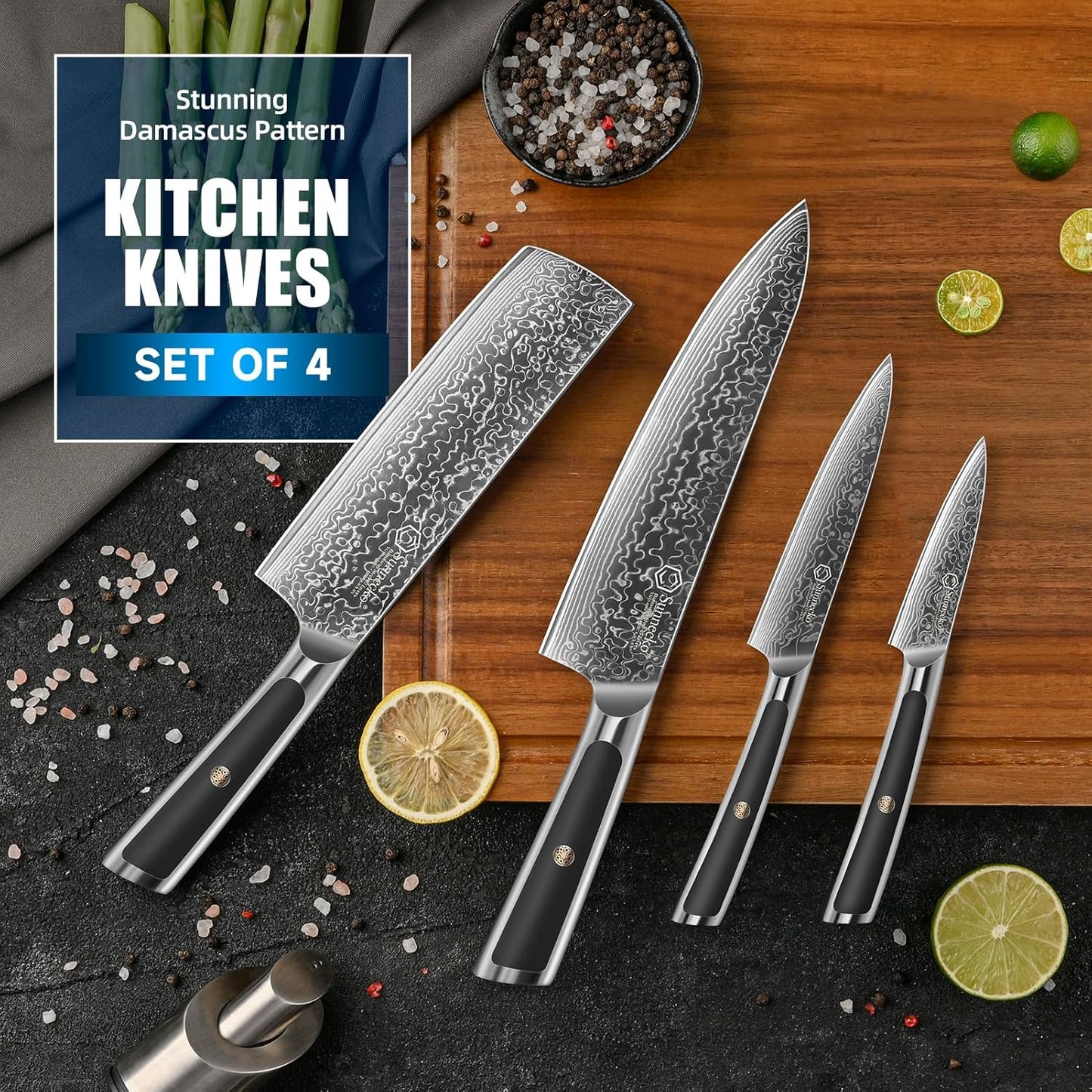 Sunnecko Damascus Kitchen Knife Set 4 Piece Chef Knife Set Professional, Sharp Kitchen Knives Set Full Tang, Gift Box