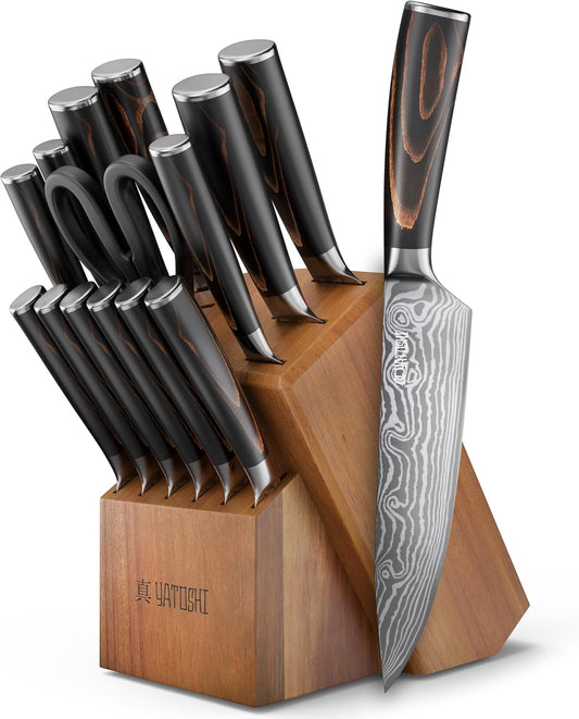 Yatoshi Professional Kitchen Knife Set, 15 Pieces, High Carbon Stainless Steel, Ergonomic Handle