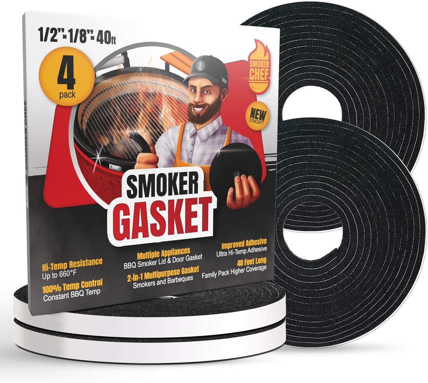 XXL 40 FT Grill Gasket for Smokers - Black 1/2’’ x 1/8’’ Hi Temp Seal Smoker Gasket – 4-Pack x 10 FT Self Stick Black Nomex Fire Tape BBQ Lid – Bbq Grill Smoker Accessories Gifts for Men