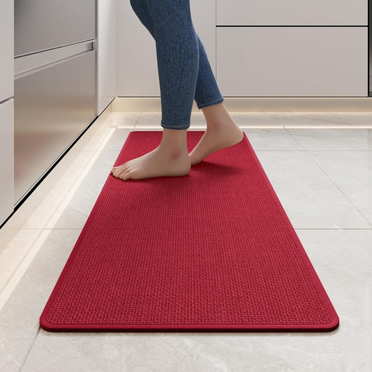 Kitchen Mats for Floor, Super Absorbent Kitchen Rugs Non Slip Washable, Soft Imitation Linen Braided Kitchen Runner Rug, Standing Mat Kitchens Sink Mat, Easy to Clean, Red 17x47