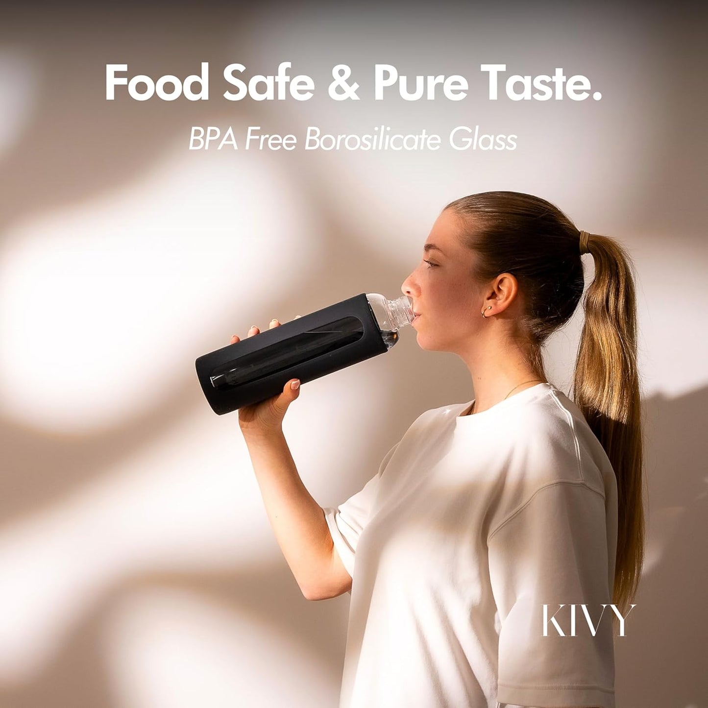 KIVY Glass Water Bottle with Silicone Sleeve 32 oz [WITH MEASUREMENT] - Borosilicate Glass Water Bottle Screw Top - Black Waterbottle Aesthetic - Clear Bottles with Measurement Marking