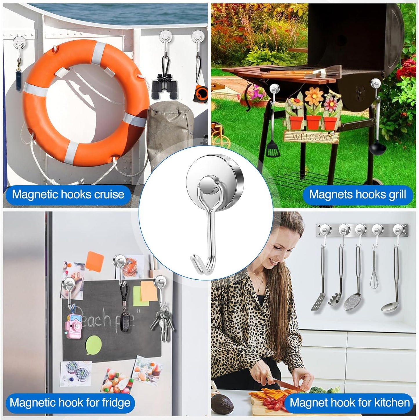 LOVIMAG Hooks, 80lbs+ Magnetic Magnet Hook 2025 Cruise Cabin Ship Essentials Heavy Duty Strong Refrigerator Fridge Hanging for Classroom Beach Vacation Kitchen Grills Home Mug Hanger (6 Pack), Silver