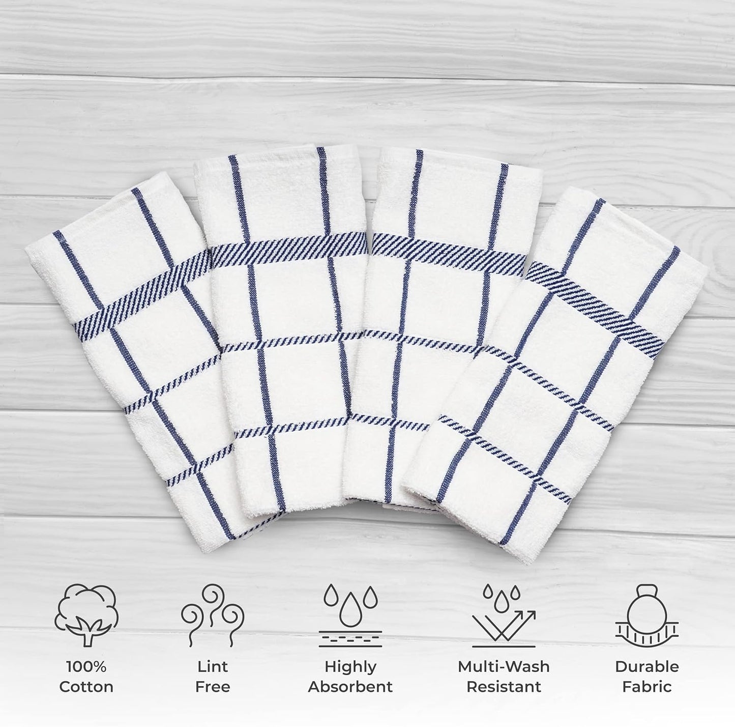 100% Cotton Terry Dish Towels, 4 Pack Checks, 16 x26 Inches, Super Soft and Absorbent Kitchen Towels, Perfect for Kitchen Cleaning and Dish Washing | Navy Blue