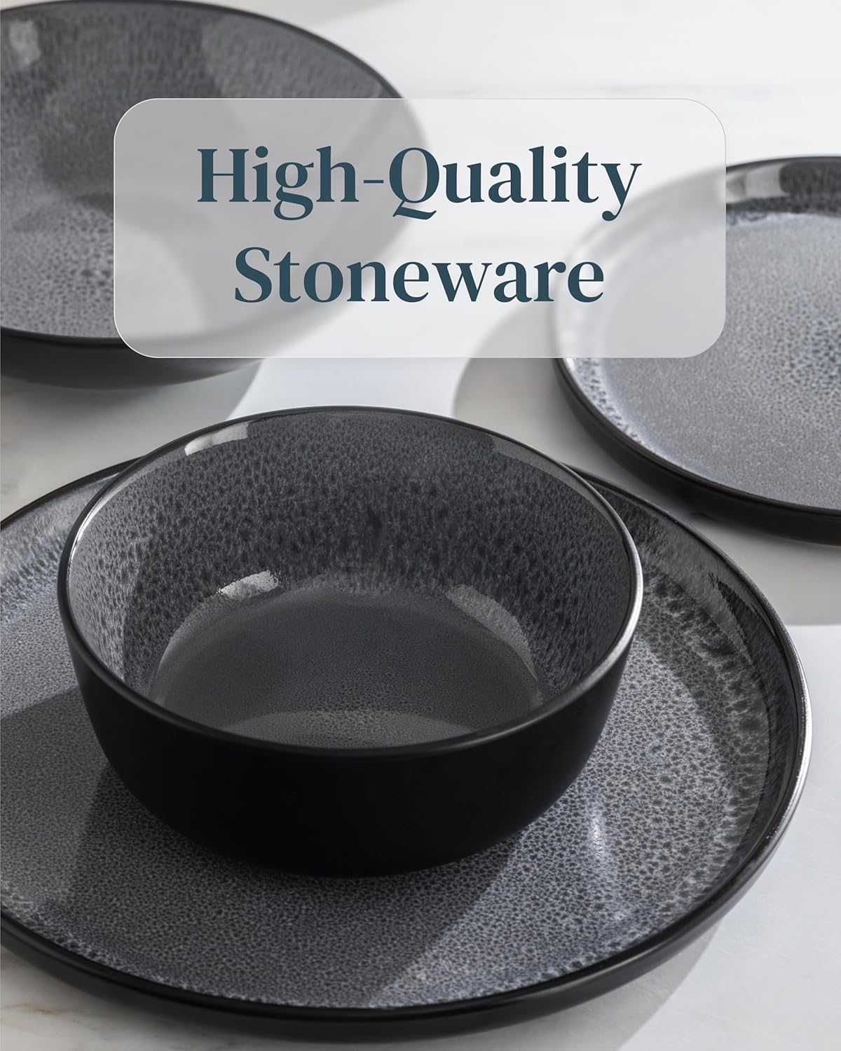 Stoneware dinnerware set 4 persons 16 pcs - Dishwasher, microwave and scratch resistant - Bowl and plate set 4 persons modern - Dinner service Pure Living black in gray…