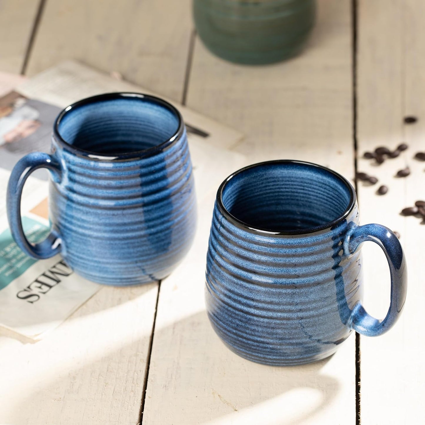 20 oz Large Ceramic Coffee Mug, Coffee Mugs for Women and Men, Big Tea Cups, Large Handle Handmade Pottery Mug for Office and Home, Microwave and Diahwasher Safe (Blue with Stripes, 1PCS)