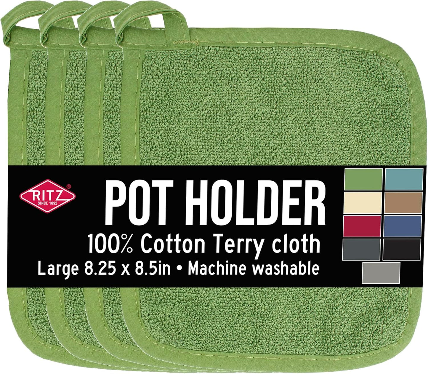 RITZ Terry Potholder & Hot Pad: Unparalleled Heat Resistant, Durable 100% Cotton – Ergonomically Designed for Optimal Grip – Easy-Care Machine Washable – 4-Pack, Cactus Green