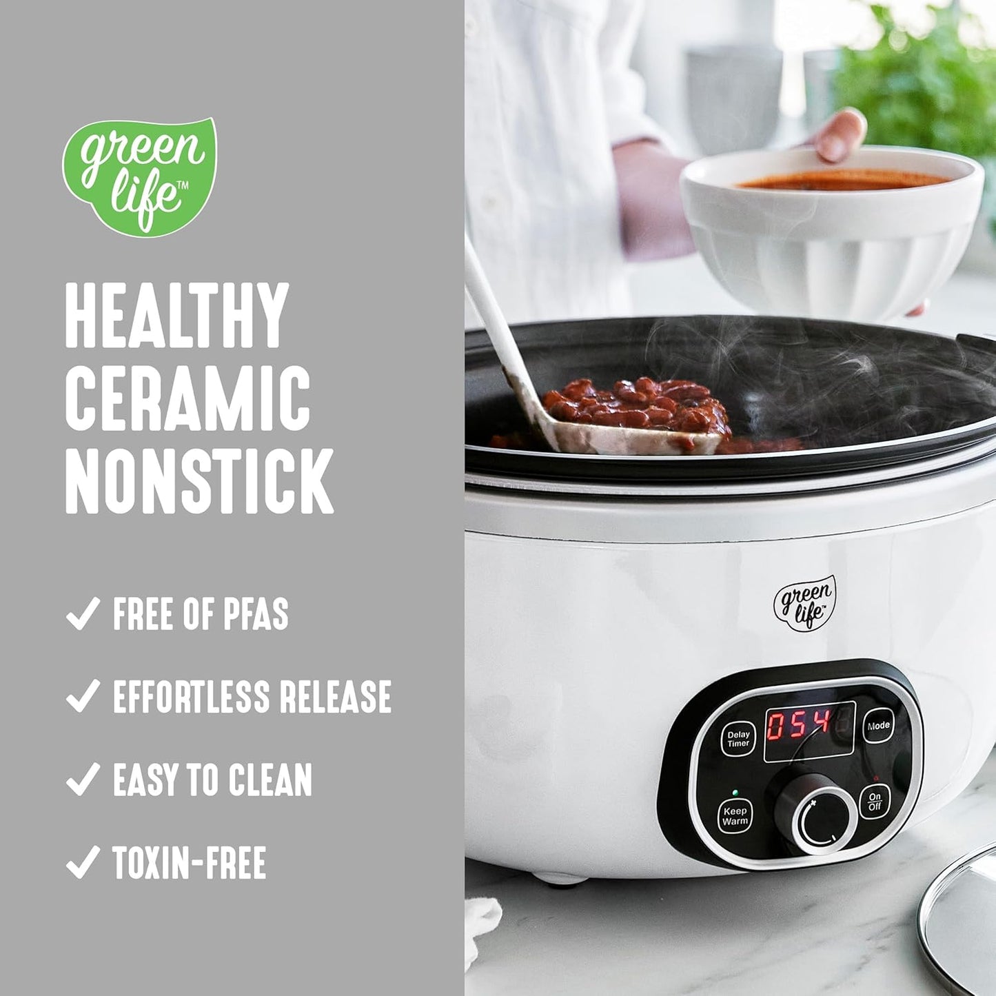 GreenLife 6QT Slow Cooker, Non-Toxic PFAS-Free Ceramic Nonstick Removable Interior Bowl, Programmable, Family Friendly, Keep Warm, Stovetop & Oven Safe, Dishwasher Safe Parts, Timer, Glass Lid, White