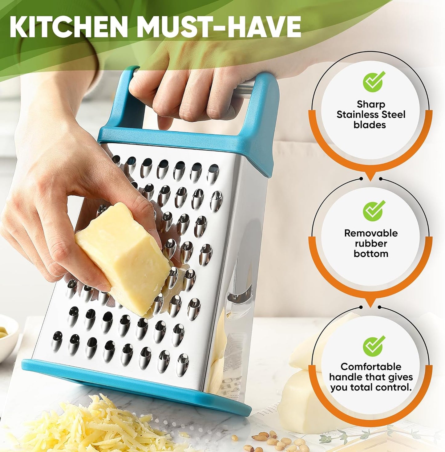 Spring Chef Handheld Stainless Steel XL Parmesan Cheese Grater with Handle - 4 Sided Metal Box Grater for Kitchen - Dishwasher Safe Potato Shredder for Hash Browns, Potato, Carrot, Vegetables - Teal