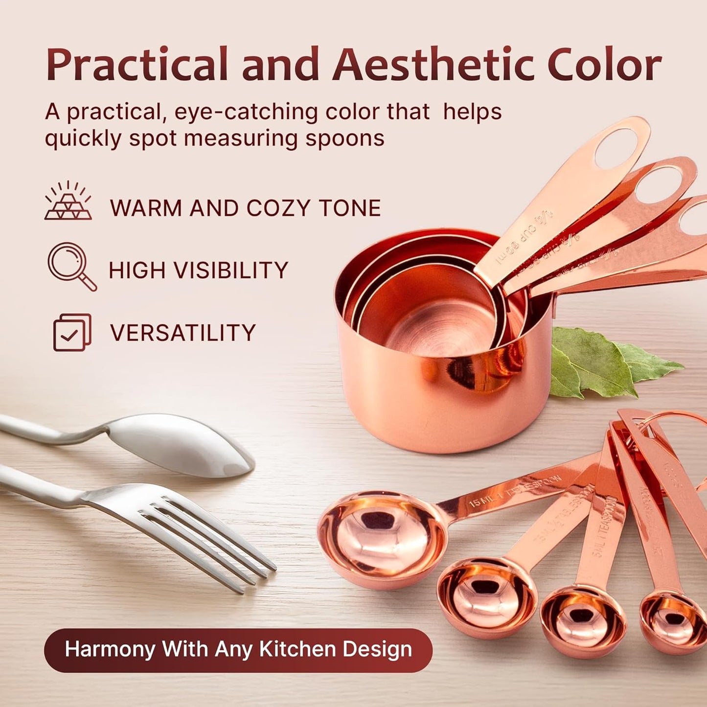 Measuring Cups and Spoons Set of 9, Utensils for Dry and Liquid Ingredients, Copper Kitchen Accessories, Rose Copper Decor for Home, Stackable, Sturdy Stainless Steel