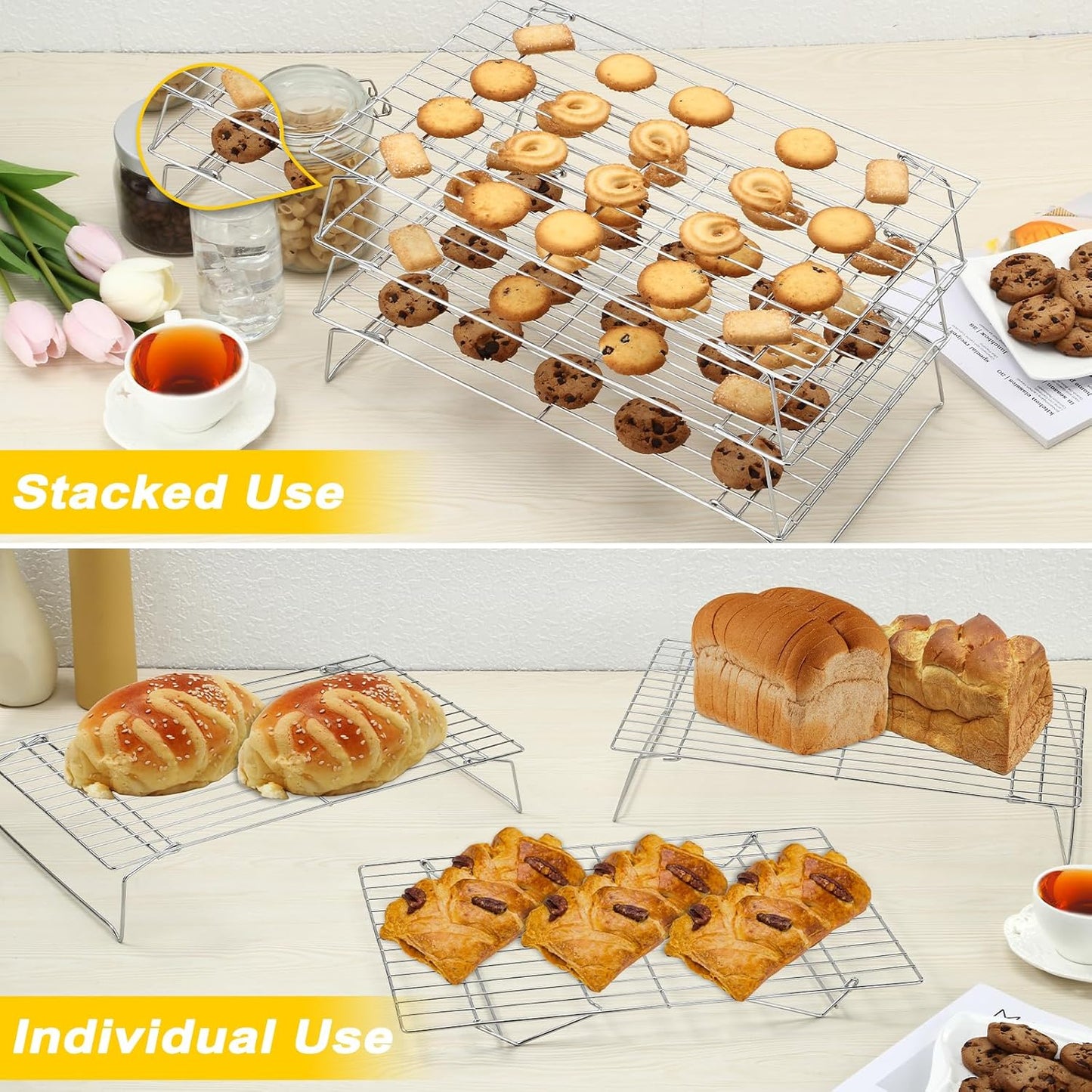 Cooling Racks - 10 * 16 Inch 3PCS Stackable Tall Baking Racks, Stainless Steel Wire Rack for Baking Sheet, Cooling Racks for Cooking and Baking, Oven and Dishwasher Safe