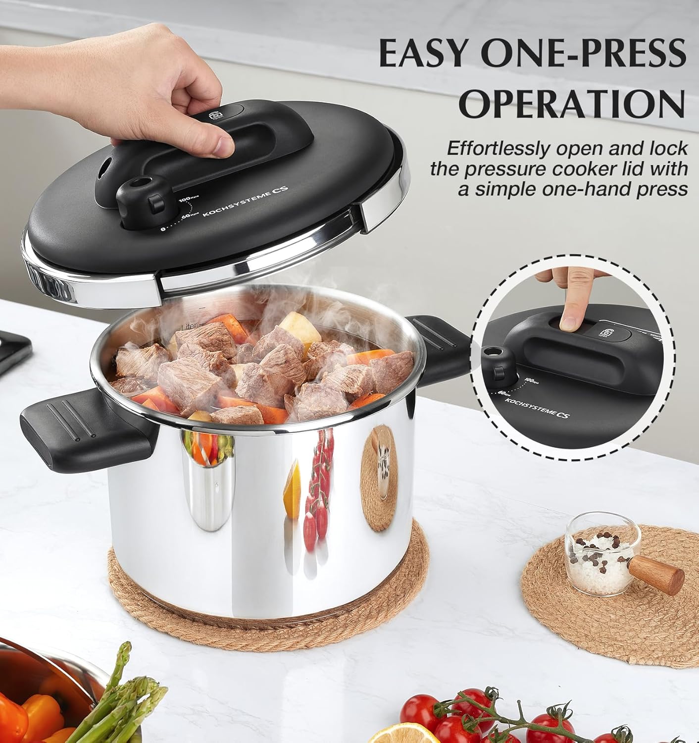 KOCH SYSTEME CS Pressure Cooker Stainless Steel, 6.3 QT Olla de Presion, Easy One-Press Lock, 3 PSI Settings Pressure Cooker, Save 70% Time, Gas & Induction Compatible, Glass Lid & Steamer Rack