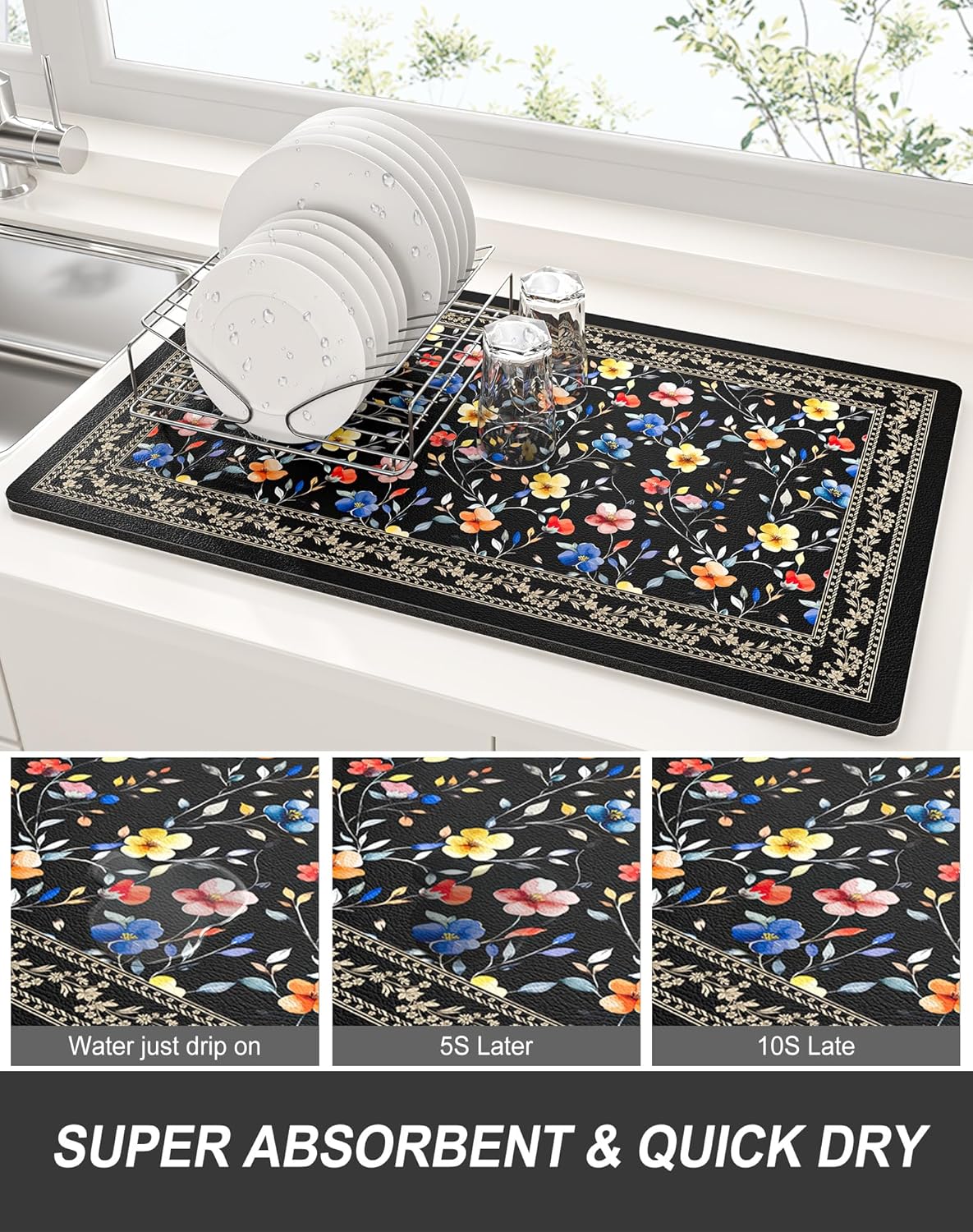 Rnivvi Dish Drying Mat for Kitchen Counter, 12 x 19" Cute Flower Theme Super Absorbent Draining Pad, Non-Slip Heat Resistant Coffee Bar Mat for Coffee Machine Station Accessories, Retro Dish Rack Pad