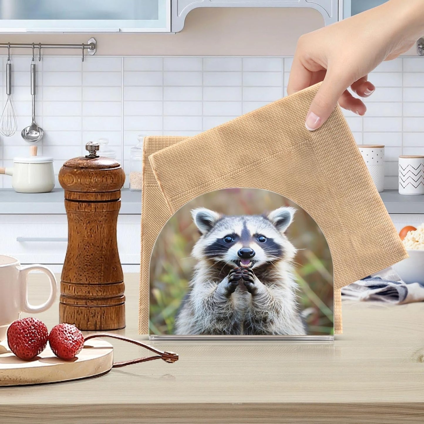 Raccoon Cute Print Napkin Holder for Table Paper Napkins Holder Acrylic Tissue Dispenser Kitchen Dining Room Bathroom Party Car Decor