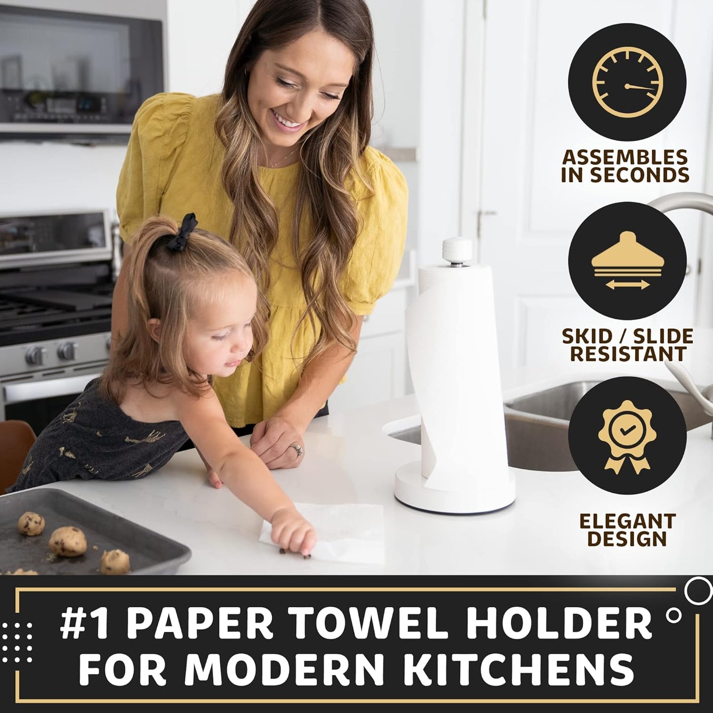 Stainless Steel White Paper Towel Holder Designed for Easy One-Handed Operation - This Sturdy Weighted Paper Towel Dispenser Countertop Model Has Suction Cups and Holds All Paper Towel Rolls
