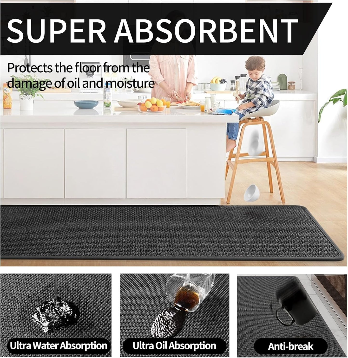 Kitchen Mats for Floor, Super Absorbent Kitchen Rugs Non Slip Washable, Soft Imitation Linen Braided Kitchen Runner Rug, Standing Mat Kitchens Sink Mat, Easy to Clean, Black 17x95