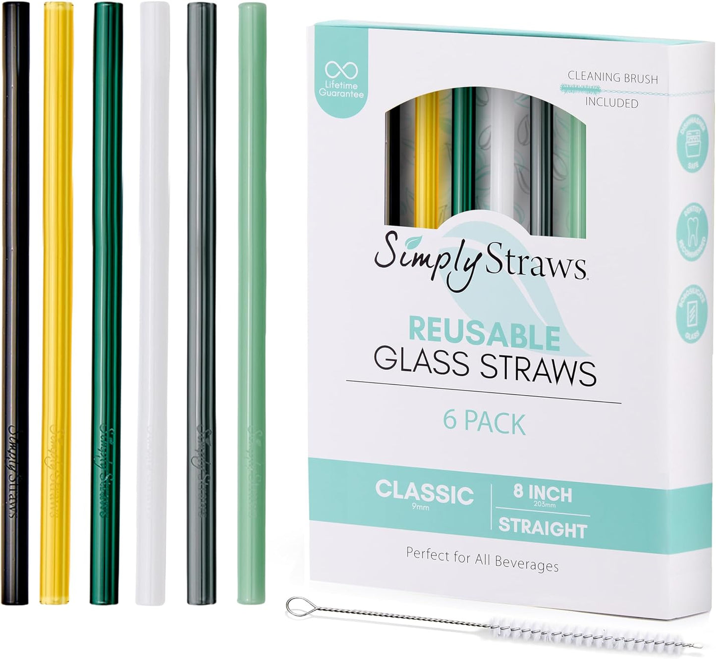 Simply Straws 8 Inch Glass Straws Straight (6-Pack) – Reusable Glass Straws for Pints & Juice Drinkware, with Cleaning Brush – Dishwasher Safe, Hot & Cold Use, BPA-Free (Fjord Mist)