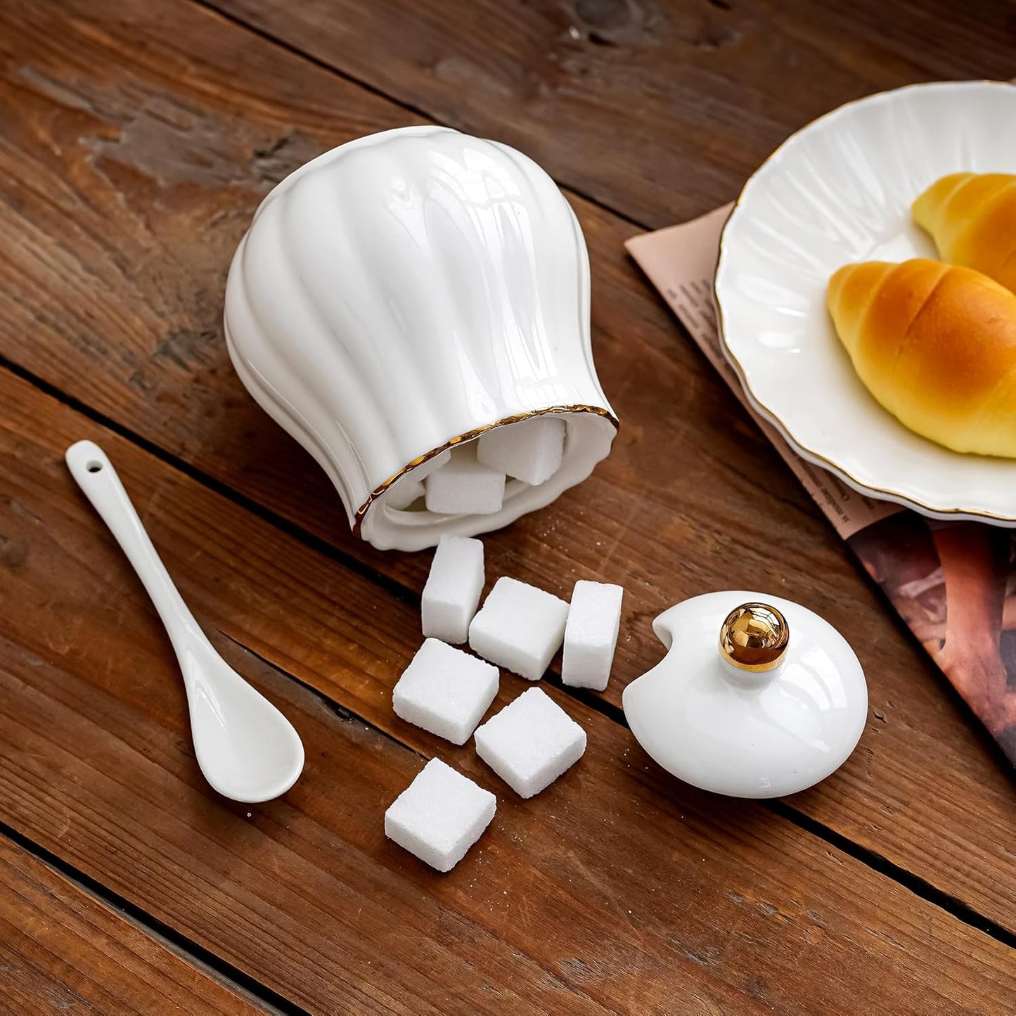 Ceramic Sugar and Creamer Set, 3 Piece with Cream Pitcher, Sugar Bowl with Lid and Spoon,Coffee and Tea Serving Set (White with gold line)