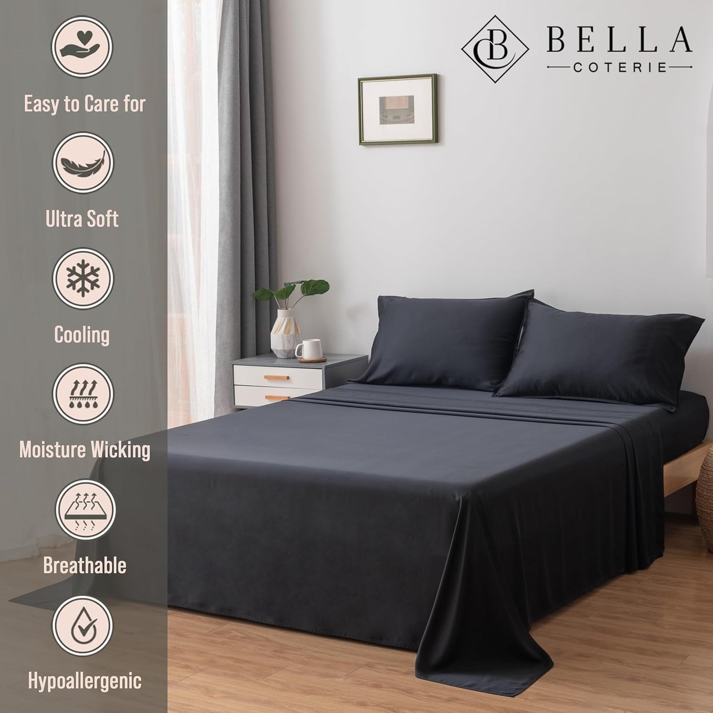 Bella Coterie Luxury Bamboo Viscose Twin Size Sheet Set | 100% Organically Grown | Ultra Soft | Cooling for Hot Sleepers | 18" Deep Pocket [Black]