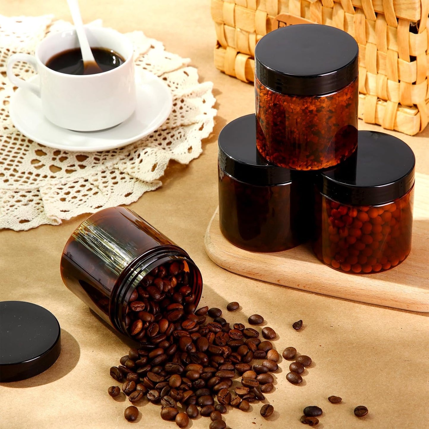 SATINIOR 6 Pack 8 oz Plastic Jars Containers with Lids Wide-mouth Refillable Leakproof Reusable Round Empty Jars for Travel Cosmetic Dry Food Spice Cookie Candy Home Kitchen Organizing(Amber)