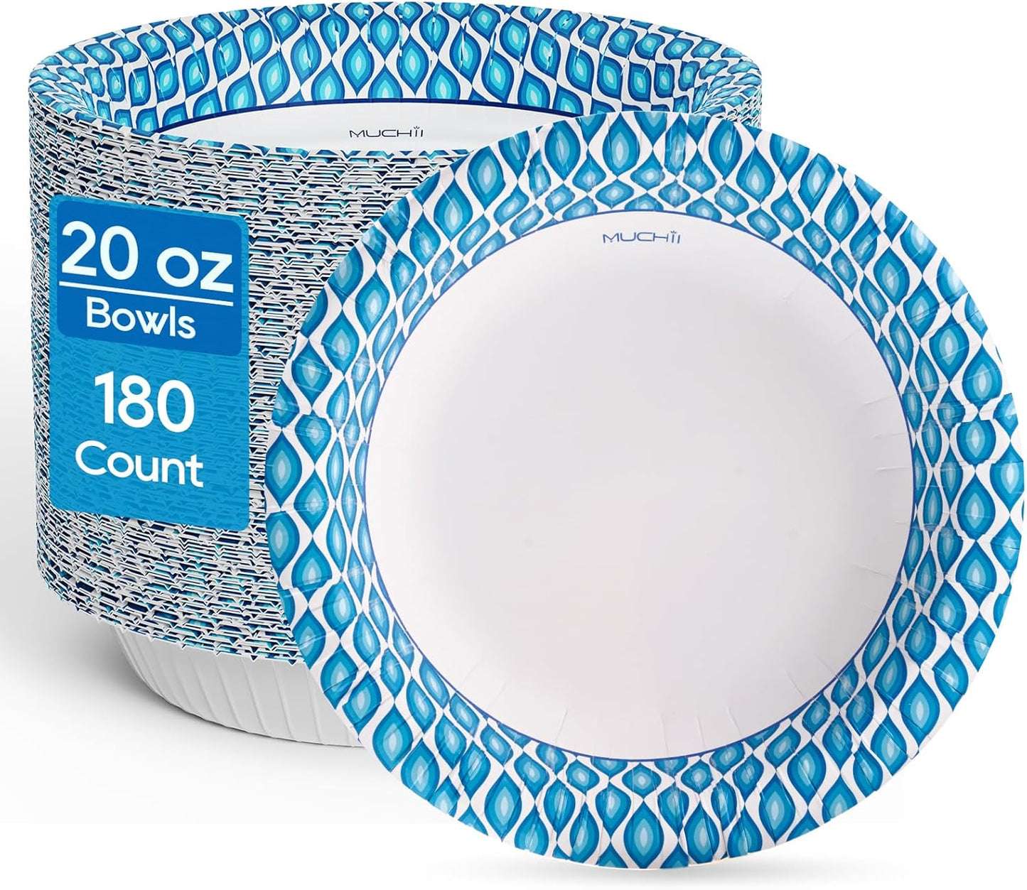 MUCHII 20 Oz Paper Bowls 180 Count Disposable Bowls, Printed Soak Proof Large Bowls for Breakfast, Lunch, and Dinner Meals