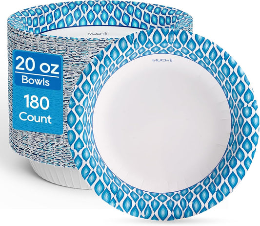 MUCHII 20 Oz Paper Bowls 180 Count Disposable Bowls, Printed Soak Proof Large Bowls for Breakfast, Lunch, and Dinner Meals