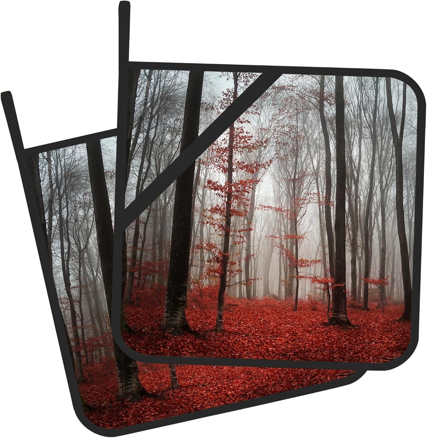 Pot Holder Set of 2,Misty Forest Red Kitchen Heat Resistant Potholder for BBQ Cooking Baking,Food Hot Pat for Women Men Kitchen Wear