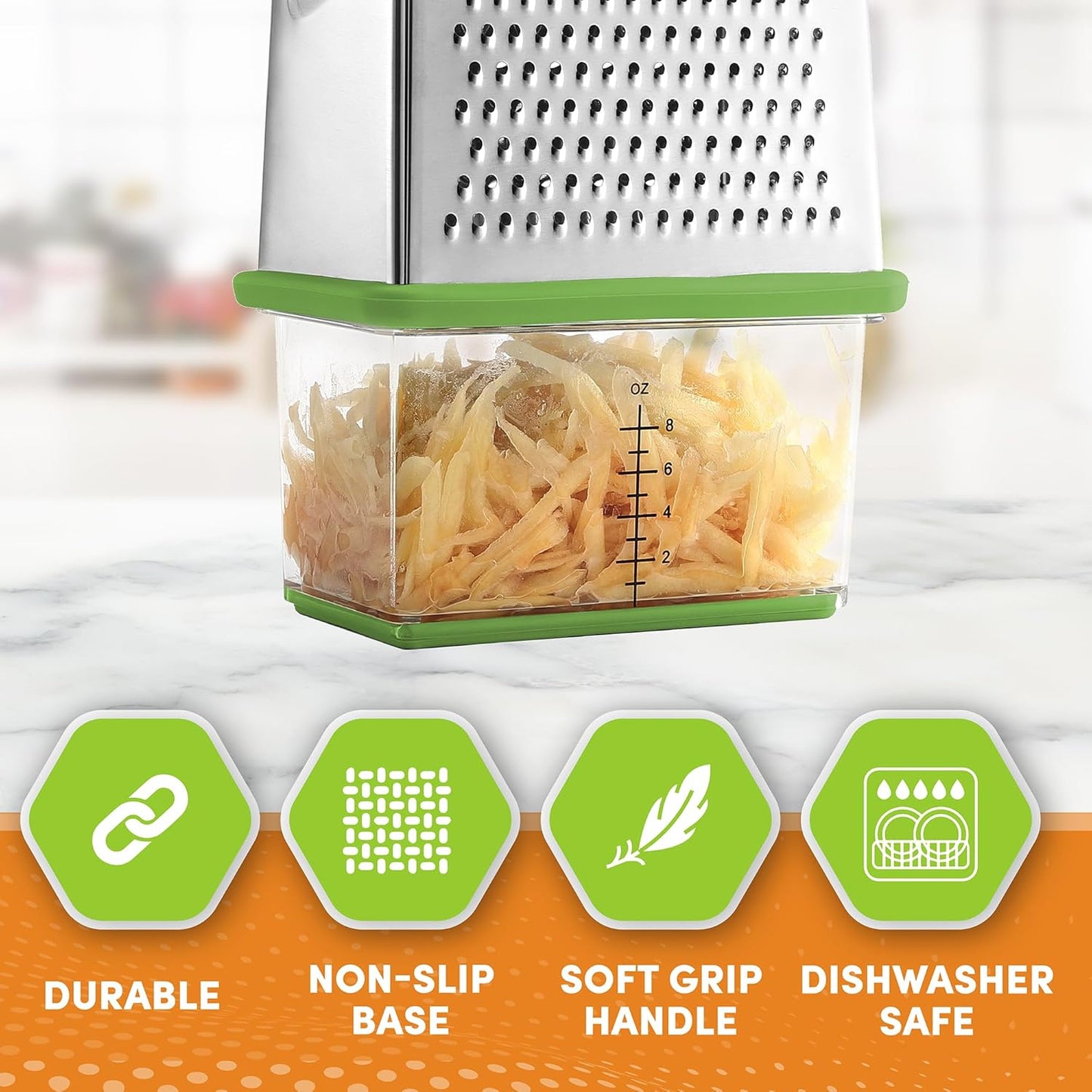 Spring Chef Professional Green 10" Parmesan Cheese Grater With Container, Stainless Steel Food Grater for Kitchen with Handle, 4 Sided Carrot Shredder, Handheld Vegetable & Cabbage Shredder