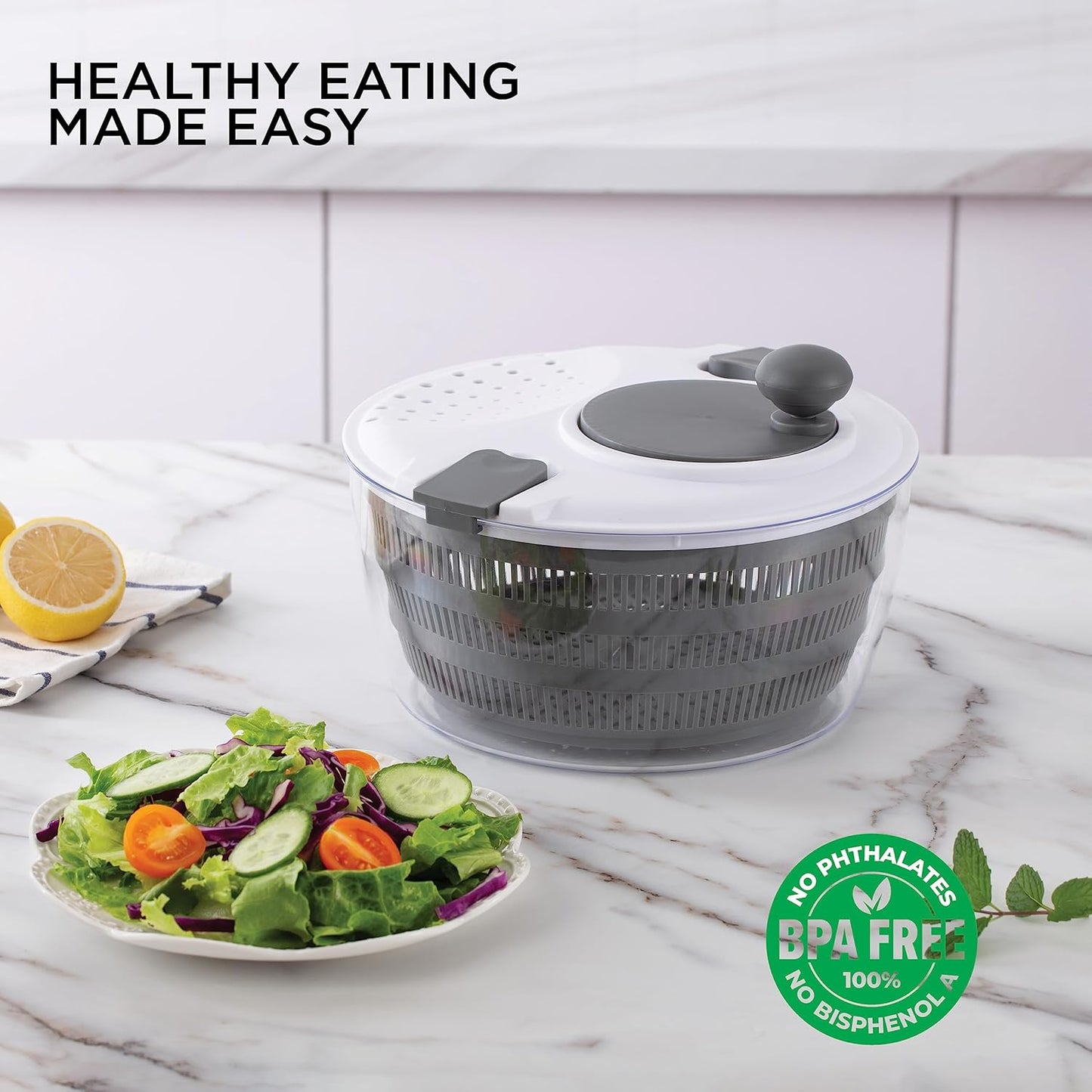 Cook with Color Salad Spinner - Lettuce and Produce Dryer with Bowl, Colander and Built in draining System for Fresh, Crisp, Clean Salad and Produce (Grey)