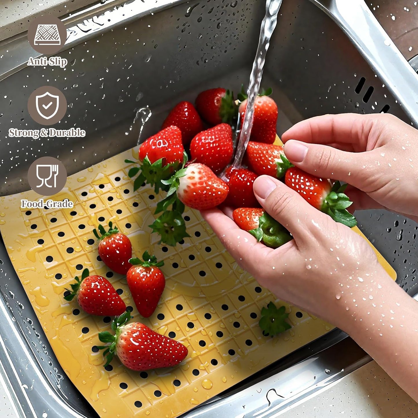 WILLKOMMEN Kitchen Sink Mat, 12" x 10" Rectangular Sink Protector Pad, Fast-Draining Grid Design Liner, Dish Drying Mat 2 Pack Yellow