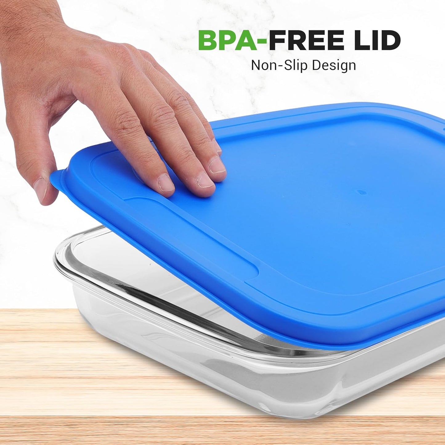 NutriChef 8-Piece Glass Baking Dish Set with Lids – Stackable Rectangular Bakeware for Lasagna, Casserole, Meatloaf, Leftovers & Storages– Oven, Freezer & Dishwasher Safe, BPA Free lid (Blue)