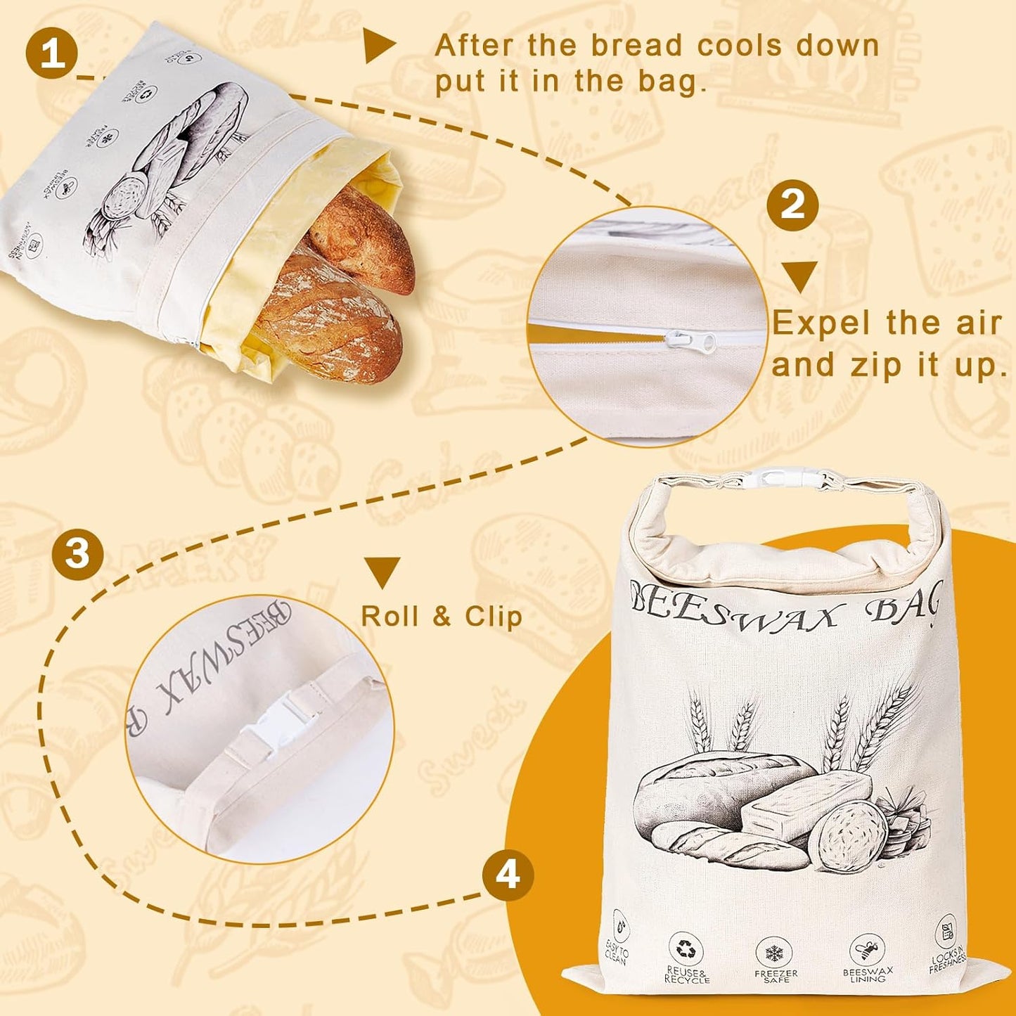 2-Pack Reusable Beeswax Bread Bags for Sourdough & Homemade Bread，Cotton Waxed Bags Keeps Fresh Longer(Golden Wheat)