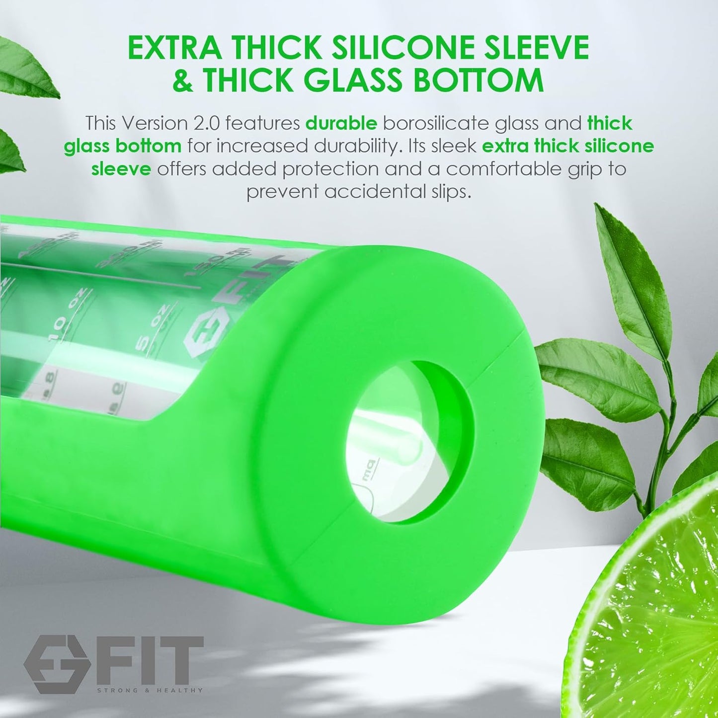 FIT Strong & Healthy 32 oz Glass Water Bottle with Straw Lid, Time Marker, Sleeve & Extra Lid - Motivational, Wide Mouth 1 Liter Glass Drinking Bottle