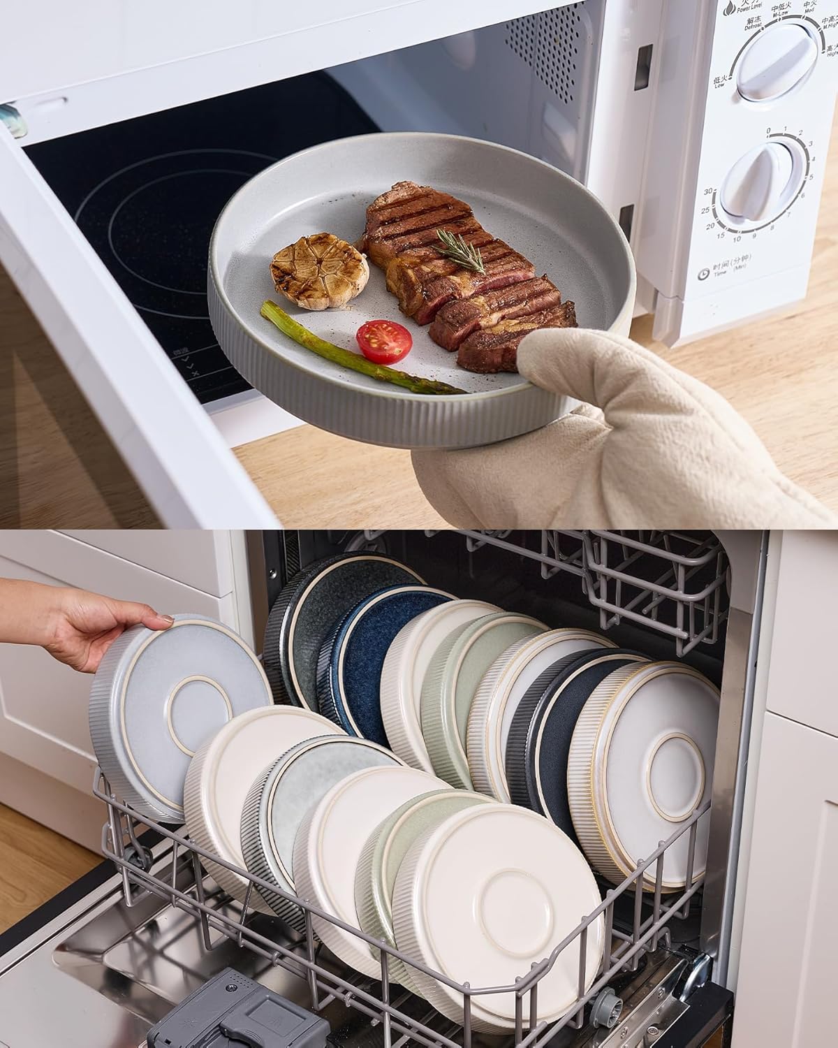 famiware Star 7.5" Pasta Bowls Set, Salad Bowl Set of 6, Double Reactive Glaze, Stackable, Perfect for Your Friend for Housewarming, Thanksgiving, Christmas, Light Gray