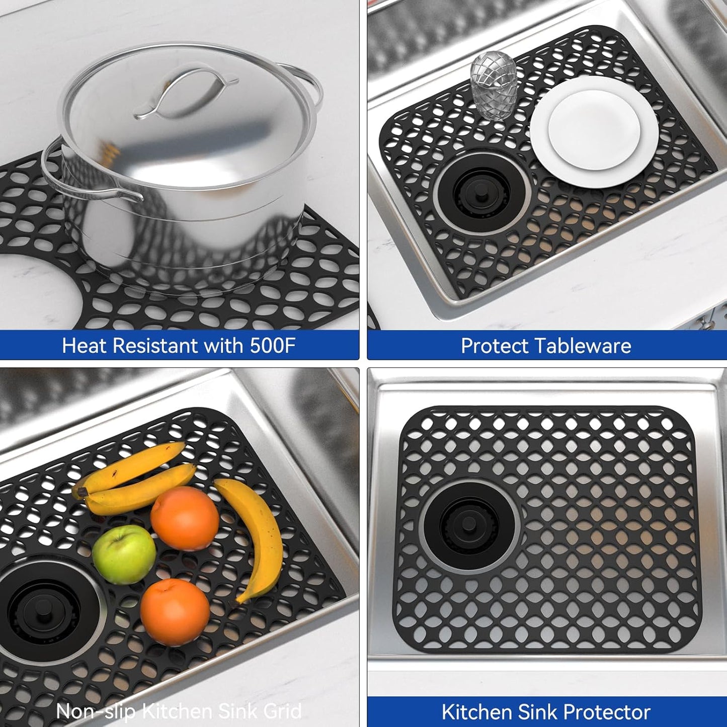 TOOVEM Sink Protectors for Kitchen Sink, Kitchen Stainless Ceramic, Folding Non-slip Mat, Heat Resistant Silicone Mat 1 Pcs, Black, 13.58 ''x 11.6 '' Rear Drain