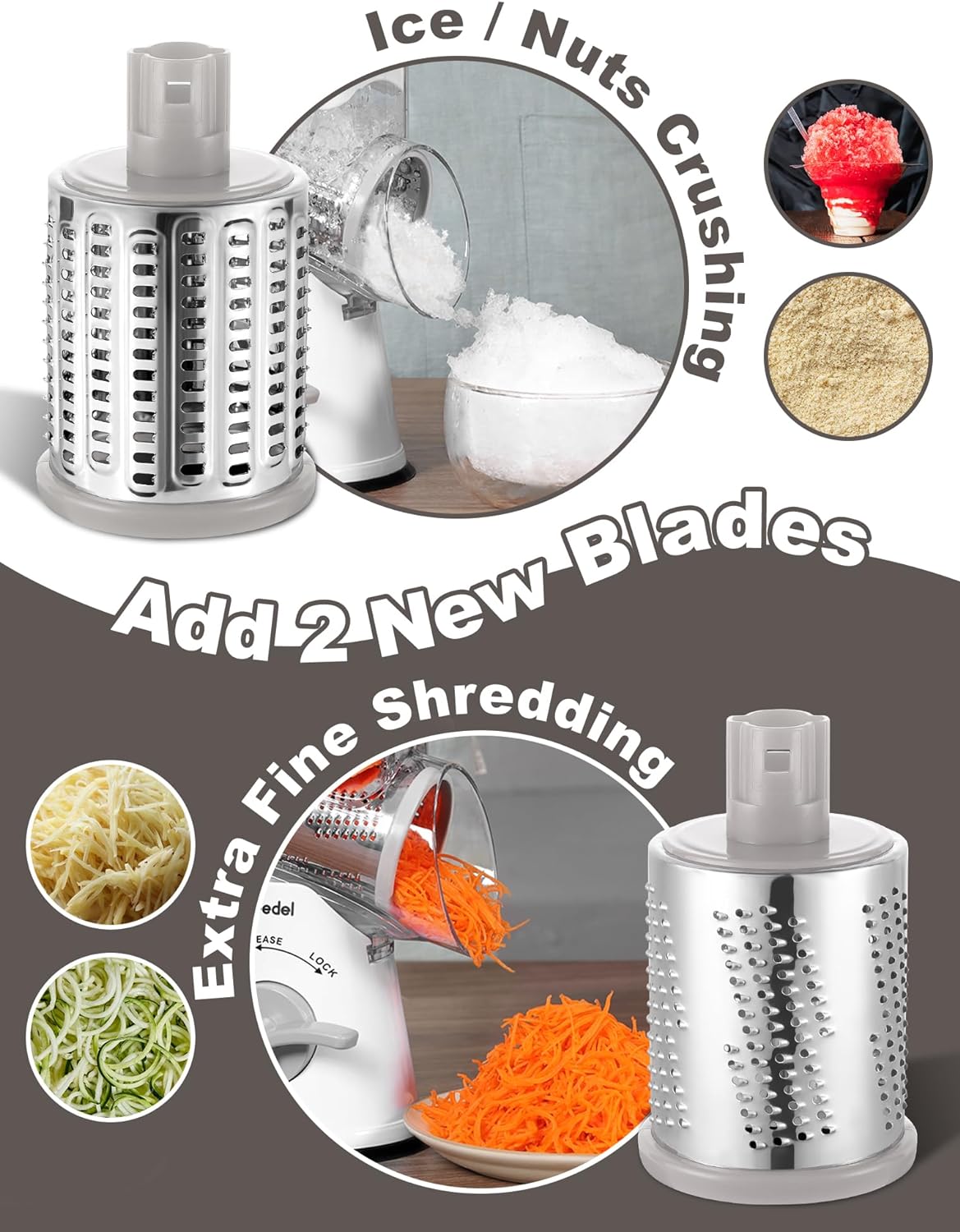 Geedel Rotary Cheese Grater Cheese Shredder - Upgraded 5-in-1 Cheese Grater with Handle and Strong Suction Base, Multi-purpose Vegetable Slicer Ice Shaver Nuts Grinder for Ice, Vegetables, Fruit, Nuts