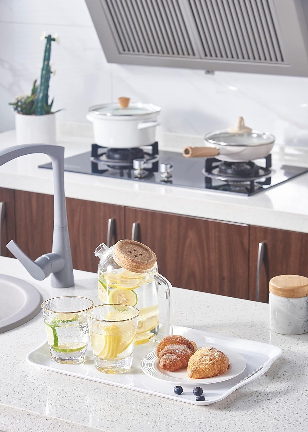 Blue Boat 16.5" x 11.5" Serving Trays Set of 4 White, Dinner Tray, Light Weight Easy to Clean Sturdy Stackable Melamine Serving Tray with Handle, Fruit, Snacks, and Desserts Trays