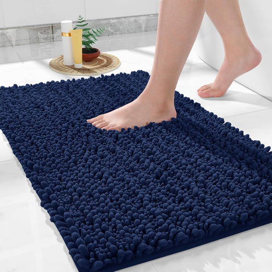 Yimobra Bathroom Rugs Non Slip Washable 24x17 Inch - Ultra Soft Absorbent Chenille Bath Mat, Quick Dry Shaggy Floor Carpet for Tub Shower, Navy Blue Home Decor Accessories