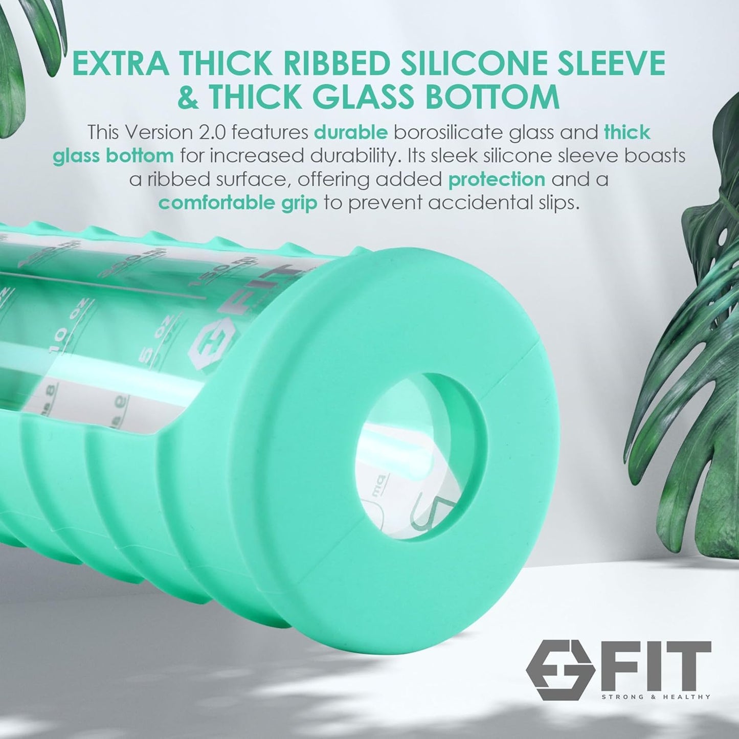 FIT Strong & Healthy 32 oz Glass Water Bottle with Straw Lid, Time Marker, Sleeve & Extra Lid - Motivational, Wide Mouth 1 Liter Glass Drinking Bottle