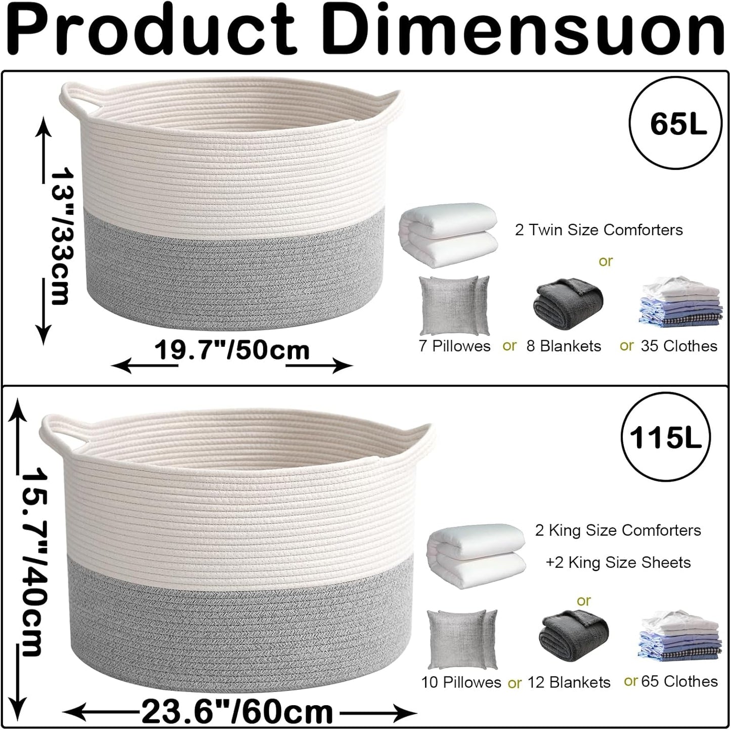 Large Blanket Basket for Organizing,65L Closet Organizers and Storage Bins Box for Shelves Woven Rope Storage Baskets,Living Room,Bedroom,Dorm,Laundry room (White&Grey)