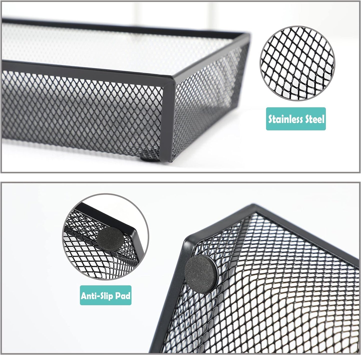 BYCY Silverware Drawer Organizer, Mesh Utensil Organizer for Kitchen Storage, Black Steel Metal Mesh Tray for Flatware Fork Spoon Knife (9x6-4P-Black)