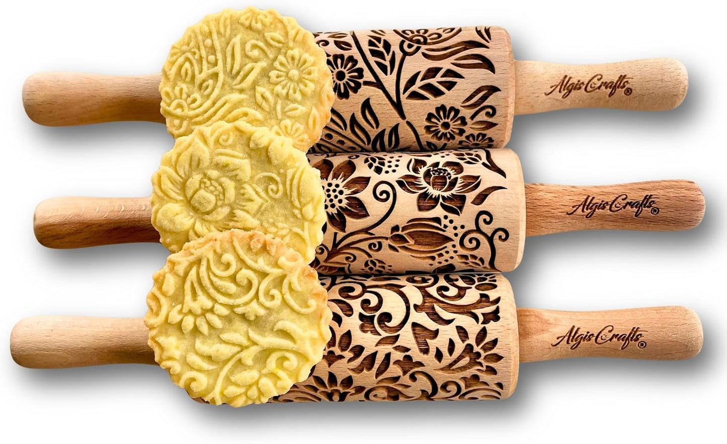FLORET 3 Kid Rolling Pin Set with Lotus, Kashmir, Paisley, Flowering Vine, Lily Flowers Patterns. Wooden Laser Cut Mini Rolling Pins for Cookies, Play Dough, Salt Dough or Clay by Algis Crafts