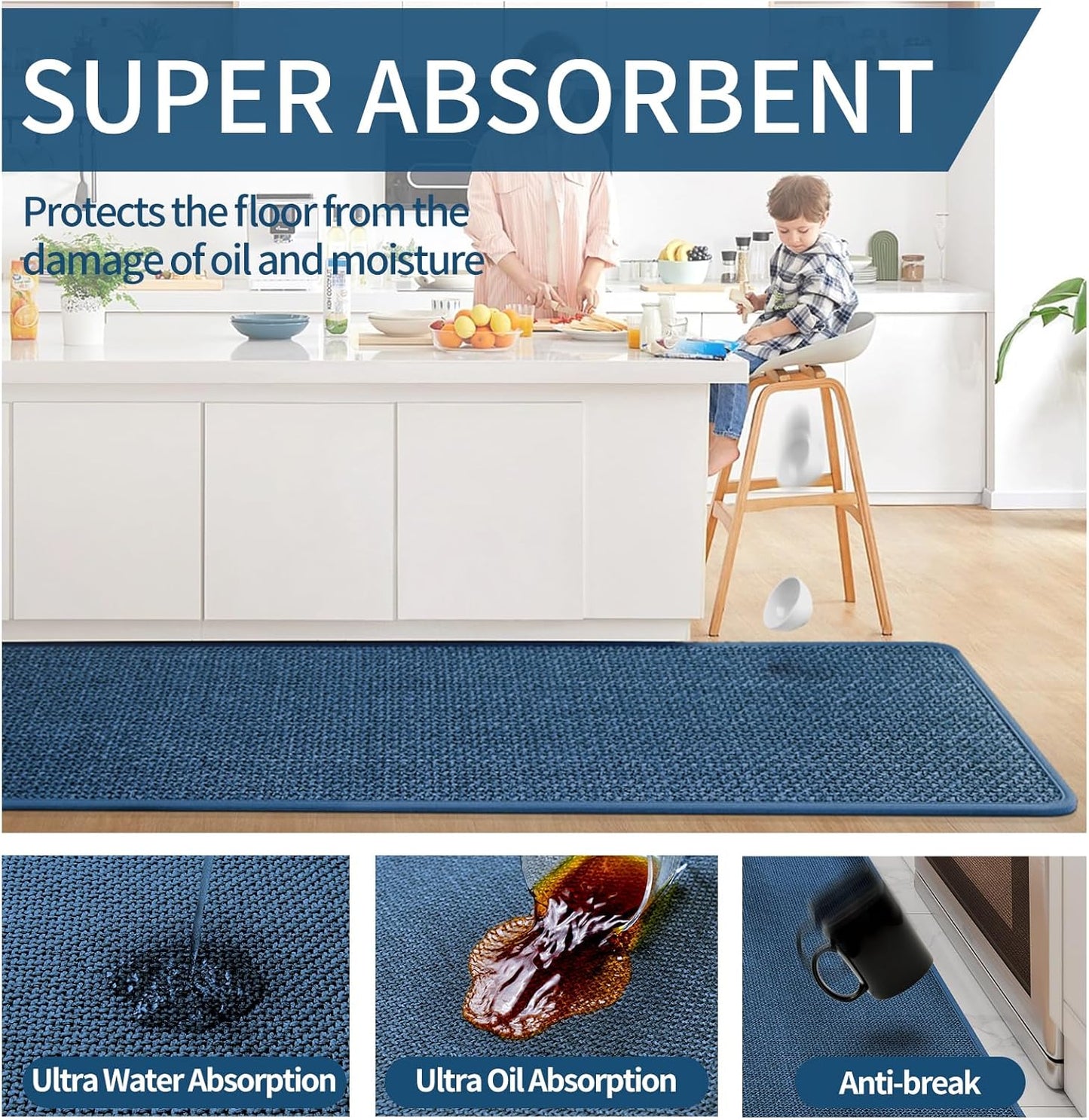 Kitchen Mats for Floor, Super Absorbent Kitchen Rugs Non Slip Washable, Soft Imitation Linen Braided Kitchen Runner Rug, Standing Mat Sink Mat, Easy to Clean, Blue 17x59
