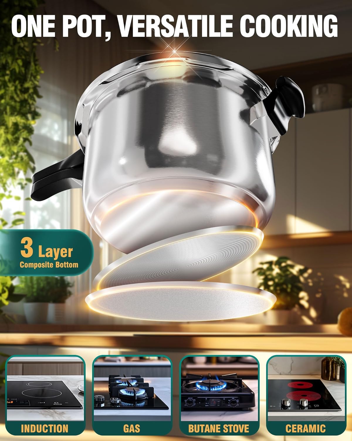 WantJoin Pressure Cooker Stainless Steel 6.5 Qt, Commercial Stove Top Pressure Cooker Pot Used for Pressure Foodie or Steaming, Compatible with Gas & Induction Cooker