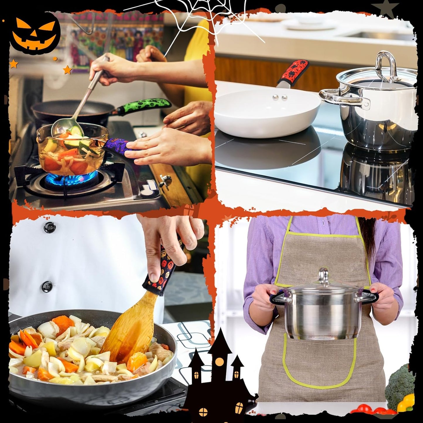 Patelai 8 Pieces Halloween Cast Iron Skillet Handle Covers Pan Handle Holder Sleeve Heat Resistant Non Slip Skillet Pot Holders for Halloween Kitchen Cooking BBQ Baking Cookware, 8 Scary Styles