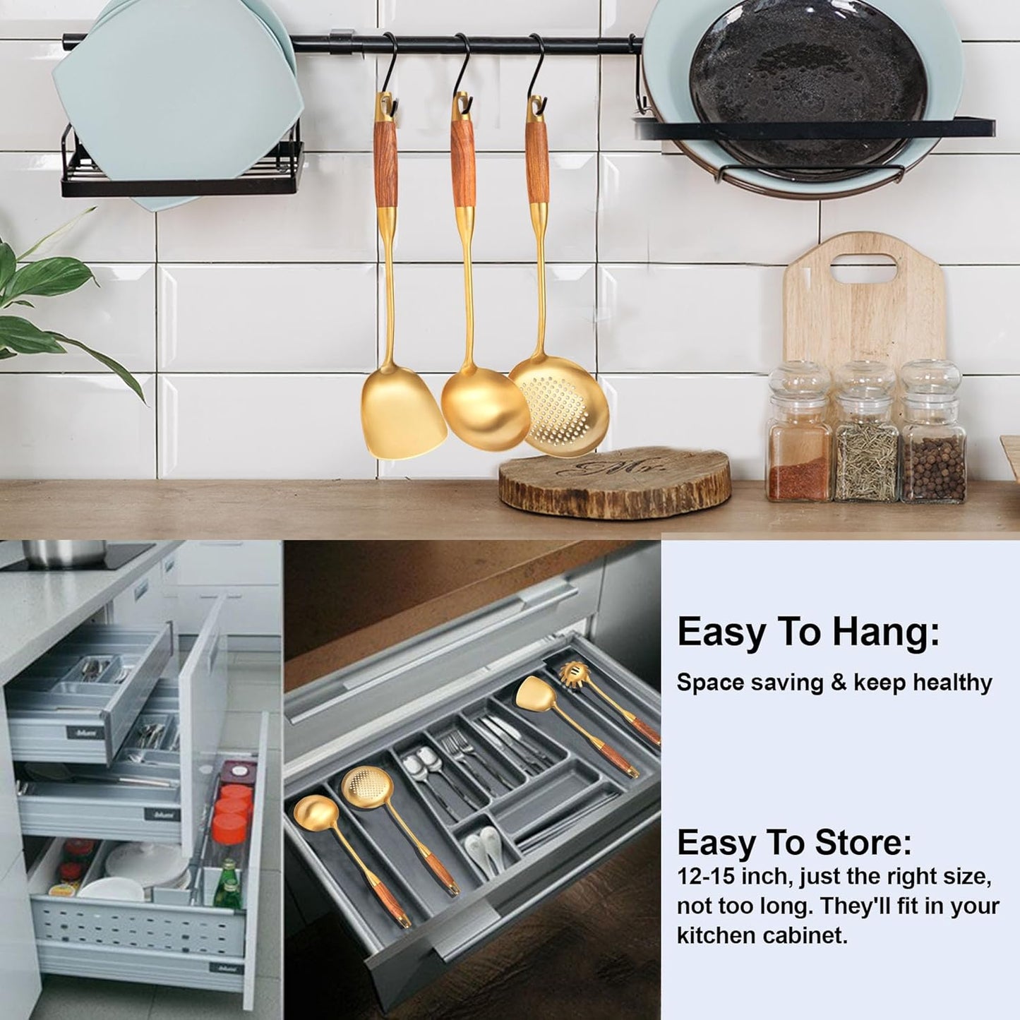 Gold Kitchen Utensils Set with Wooden Handle, 6 PCS Professional Cooking Utensils Set, Wok Spatula, Ladle, Skimmer, Slotted Spatula Turner, Spaghetti Spoon, Large Spoon