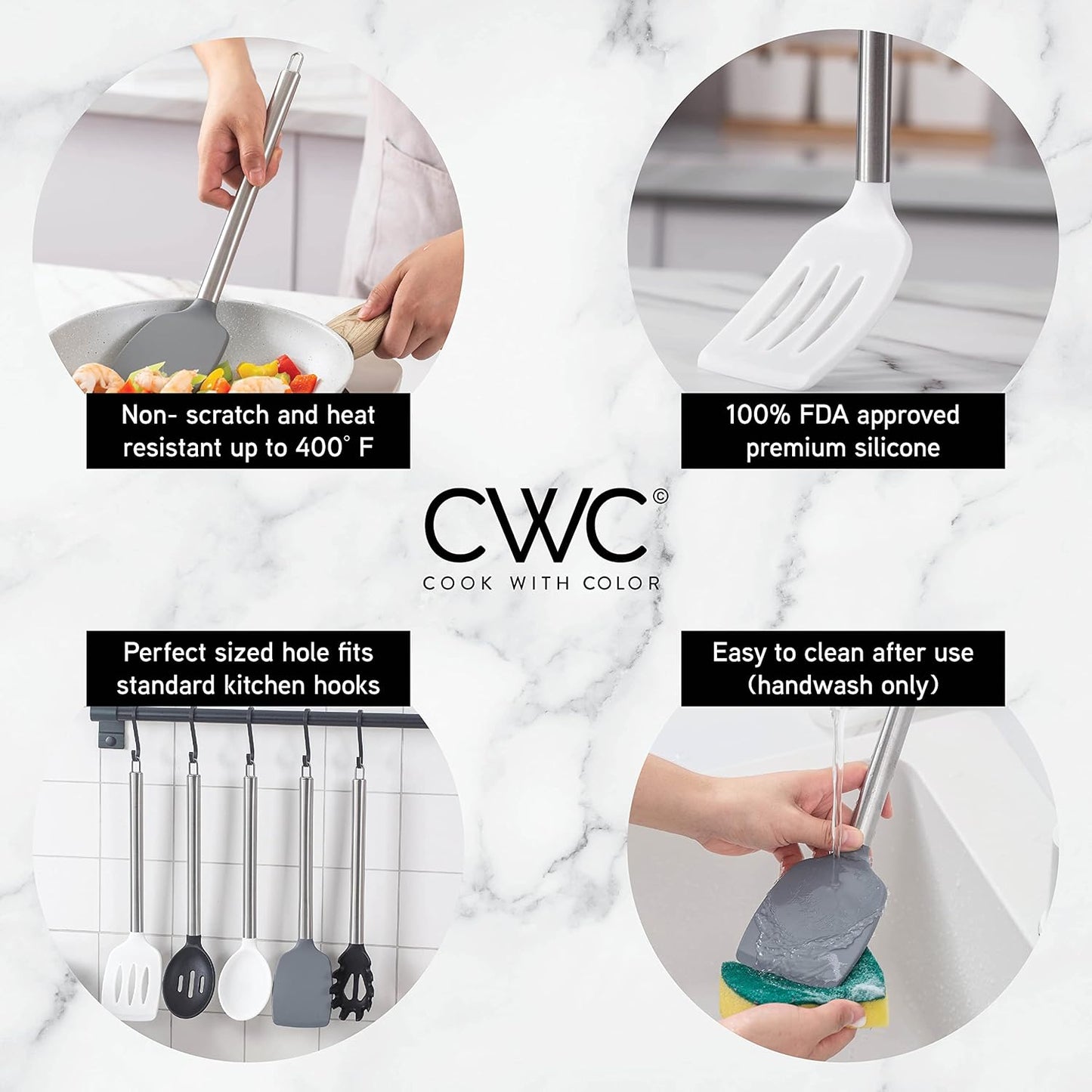 COOK WITH COLOR Silicone Cooking Utensils, Kitchen Utensil Set, Easy to Clean Silicone Kitchen Utensils, Cooking Utensils for Nonstick Cookware, Kitchen Gadgets Set, 5 Pieces, Black/White