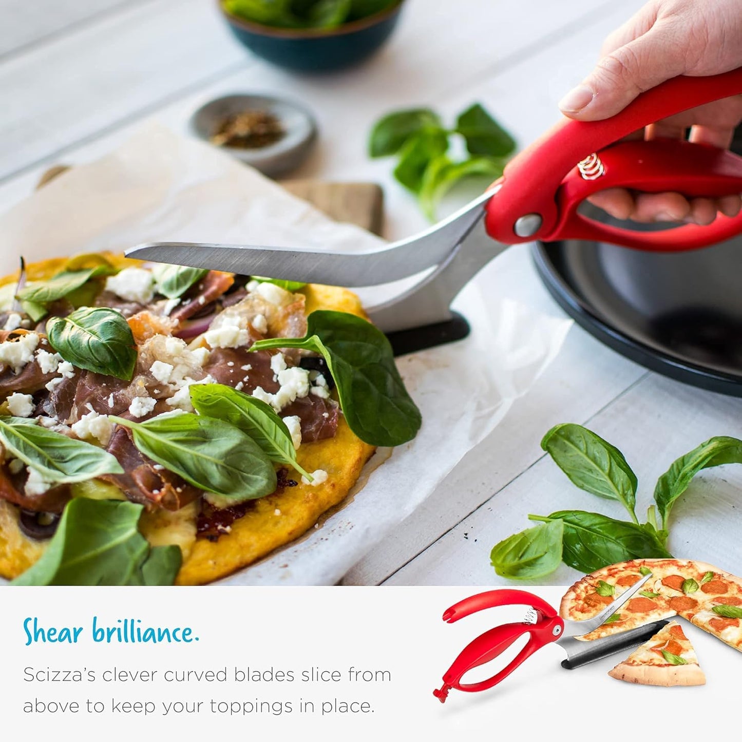 Dreamfarm Scizza 2-In-1 Easy Ergonomic Pizza Scissors with Stainless Steel Pizza Cutter Blades & Non-Stick Slice Server - Red