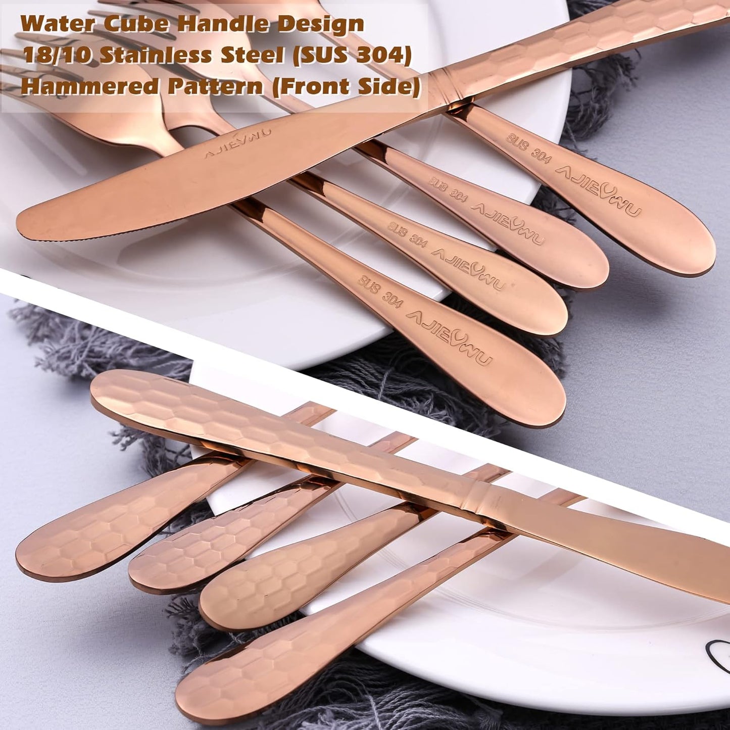 Hammered Silverware Set 20-Piece, 18/10 Stainless Steel Flatware Cutlery Silverware Set Service for 4, Unique Design Knife Fork Spoon Silverware Set, Mirror Polished,Dishwasher Safe (Rose Gold)